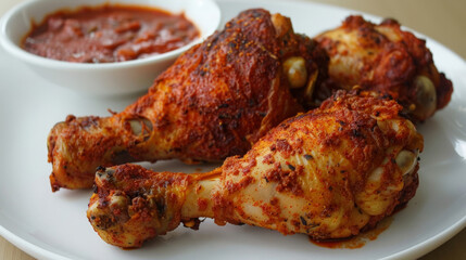 Wall Mural - Authentic tanzanian cuisine featuring spicy grilled chicken legs accompanied by a rich, flavorful tomato-based sauce on a wooden table