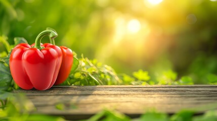 Wall Mural - Red bell pepper on wooden table with blurred garden background. Summer nature, sunlight and space for text. Wide panoramic banner with copy space.