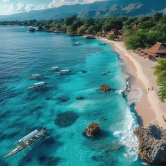 Gili Air with tropical beach and transparent ocean with boats, aerial view Tropical islands Please provide high-resolution