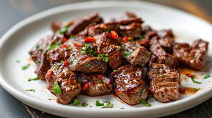 Wall Mural - Savory grilled beef cubes, seasoned with a blend of aromatic spices and herbs, presented on a traditional tanzanian white plate