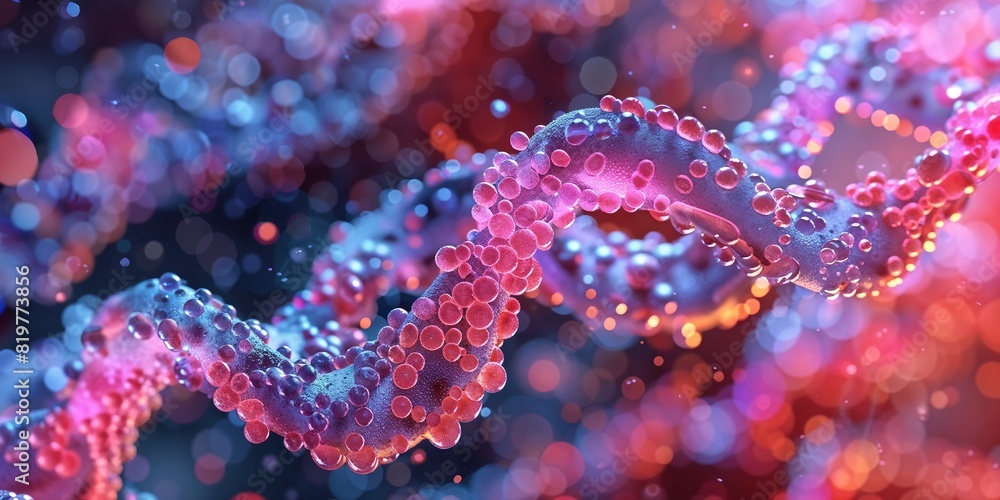 Abstract DNA Strand with Vibrant Colors and Molecular Detail, 3D Visualization of DNA Helix with Colorful Molecular Structure