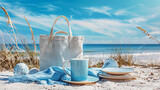 Fototapeta Storczyk - Set for picnic: basket, mug, bag, plate on white blanket against the beach coast. Advertising concept. Generative AI