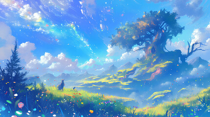 Wall Mural - Beautiful fantasy world, serene landscape with magical creatures