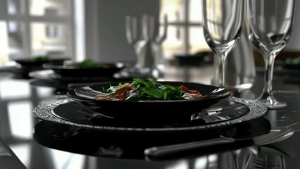 Poster - A black plate with a bowl of food on it sits on a table with a glass of wine. The table is set for a meal, and there are several wine glasses and utensils, including a fork and a knife