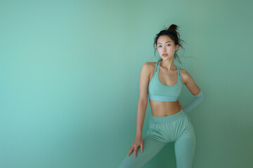 Chic Korean fitness model in minimalist green athletic gear, standing against a matching green background. Her stylish pose and the cohesive color scheme highlight elegance and fitness.