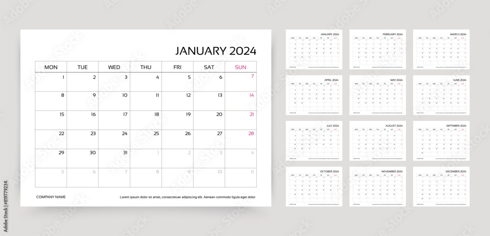 Calendar for 2024 year. Planner template. Week starts Monday. Monthly ...
