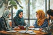 © Rainister - Group of friends discussing the Quran, modern illustration, vibrant colors, detailed expressions