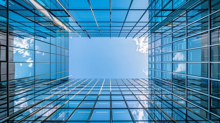 Wall Mural - Abstract view of fantastic office building featuring structural glass facade and visible roof. Steel columns, clear sky, business city architecture. Urban skyscraper with modern
