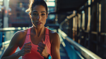 Wall Mural - Focused female runner in vibrant attire jogs in urban twilight, exuding determination.