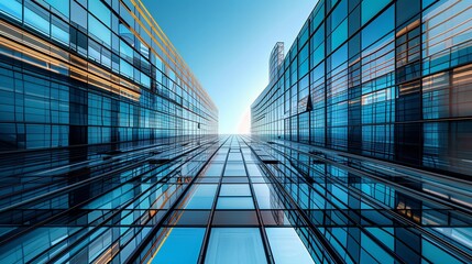 Wall Mural - City reflection on modern office building. Urban architecture with glass facade, blue sky. Downtown construction, futuristic design. Business skyscraper, corporate view. High tower