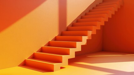 Poster - 3D abstract rendering with orange color stair. Geometric 3D steps background. Orange color.