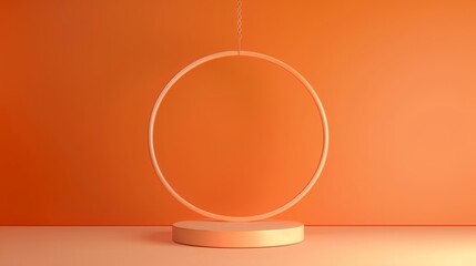 Fototapete - A scene with geometrical shapes, a circle frame with an orange podium, a minimal background, and an orange color background.