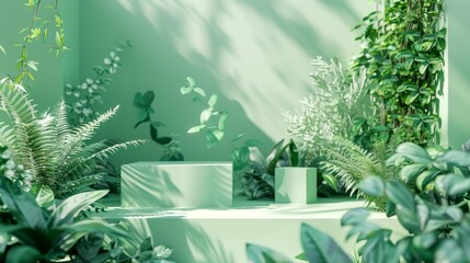 Leinwandbilder - A 3D rendering of a natural beauty backdrop for the display of cosmetic products. The backdrop is a green color to complement the products on display.