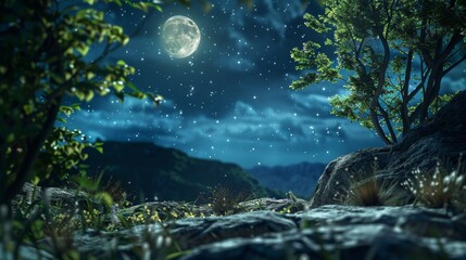 Poster - Backdrop for product display featuring natural beauty. Three-dimensional landscape with a natural night scene.