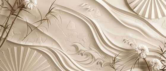 Wall Mural - Umbrella, bamboo, and wave template in vintage style. Abstract and geometric elements.