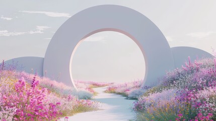 Fototapete - Geometrical forms, arch, and wild flower field in natural daylight. Minimal 3D landscape background.