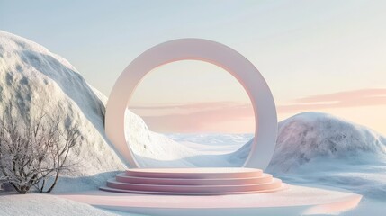 Poster - Geometric winter scene with arches and podiums in natural light. Surreal background. 3D render.