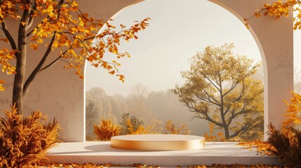Fototapete - In natural daylight, an abstract autumn scene consists of geometrical forms, an arch with a podium, and a background made from 3D renders.