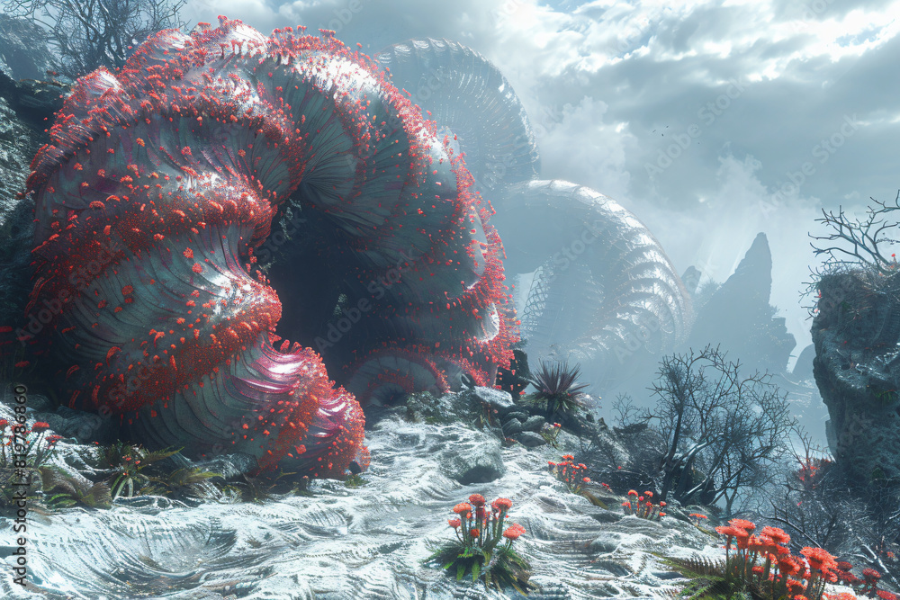 An exploration of an alien ecosystem, with strange plants, creatures ...