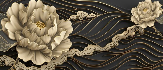 Poster - Modern illustration of a Chinese brush stroke template with gold texture. Illustration of a peony flower and a wave pattern in an oriental style. Abstract art illustration.