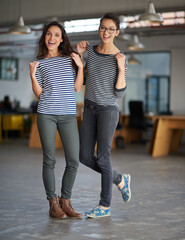 Sticker - Portrait, friends or women on break in office with smile, excited and happy for startup project. Business people, teamwork and female employees for creative company, pride and relax in workplace