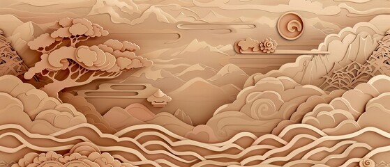 Wall Mural - Oriental traditional poster design with hand-drawn wave and cloud elements. Modern Japanese background. Asian icons and symbols. Abstract pattern and template. Geometric element with hand-drawn wave