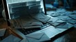 © Watercolorbackground - Laptop surrounded by a large number of envelopes, symbolizing a cluttered inbox, digital mail overload, and communication issues.