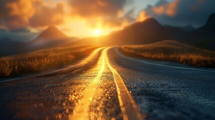 long, winding road leading into sunset over mountains, creating a stunning scene of nature's beauty 