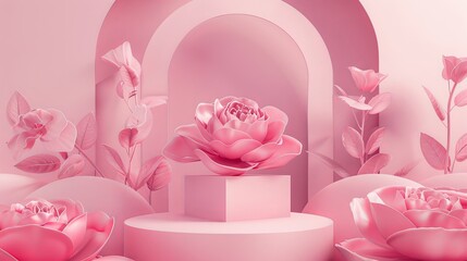 Poster - Pink rose flower podium backdrop for product display. 3D render.
