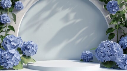 Poster - Display podium backdrop with hydrangea flowers in natural beauty. 3D rendering.