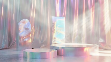 Poster - The background of a beauty fashion podium with abstract iridescent gem stones is rendered in 3D.