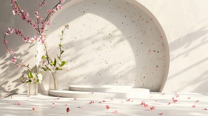 Leinwandbilder - Terrazzo texture backdrop with geometric shape and spring flower. Fashion podium. 3D rendering.