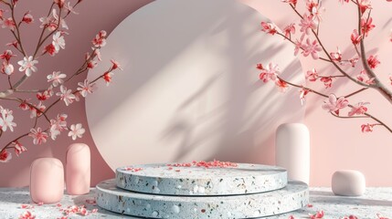 Leinwandbilder - A beauty fashion podium backdrop with a geometric shape and terrazzo texture. This is a 3D rendering scene of a beauty fashion podium.