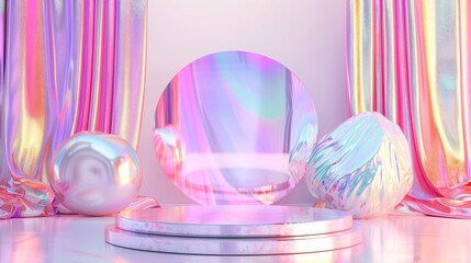 Poster - Fashion podium backdrop with abstract iridescent gem stones. 3D rendering.