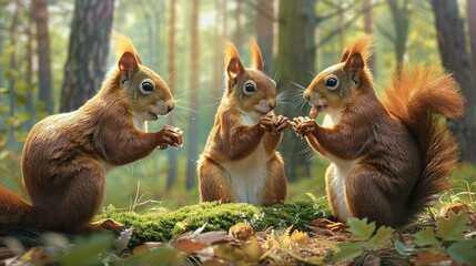 Wall Mural - Wonderful Erasian Red Squirrel, Sciurus vulgaris, three squirrels in a forest eating and drinking