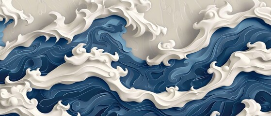 Leinwandbilder - An abstract painting template in Chinese brush stroke style with a Japanese wave pattern. Illustration of an ocean sea in a vintage style with a Japanese wave pattern modern.