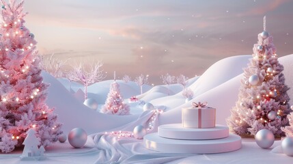 Poster - An abstract, winter-themed landscape scene with a Christmas product stand. This is a 3D rendering.