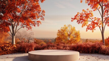 Poster - Three-dimensional rendering of an abstract autumn landscape with a podium for displaying products...