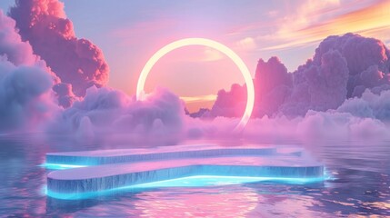 Poster - An attractive podium backdrop with a dreamy cloud and neon light background. A romantic 3D seascape scene.