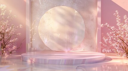 Poster - Fashion podium backdrop with abstract pastel stone and iridescent floral. 3D rendering...