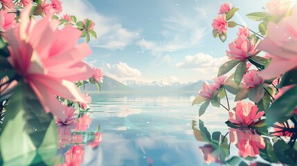 Poster - An abstract spring summer landscape scene of flowers and a lake. A 3D render of the scene.
