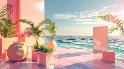Poster - A 3D rendering of an abstract summer landscape scene with geometric forms. The view is from an ocean beach.
