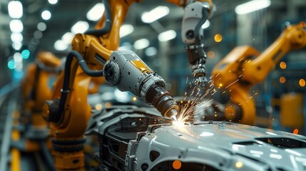 Fototapete - Robots welding in a car factory. Welding car body. Generative AI.