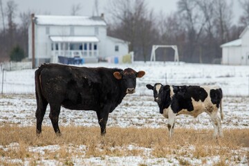 Closeup of two cows grazing in a field covered in the snow