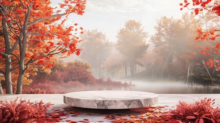 Poster - The Autumn maple forest scene is a perfect backdrop for an autumn product display. This is a three-dimensional rendering of the scene.