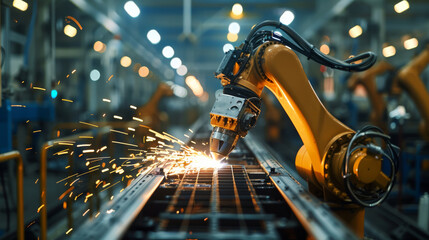 Fototapete - Robots welding in a car factory. Welding car body. Generative AI.