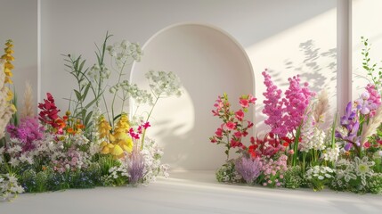 Canvas Print - A 3D rendering of a spring floral installation scene with geometric arch forms....