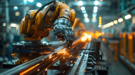 Fototapete - Robots welding in a car factory. Welding car body. Generative AI.