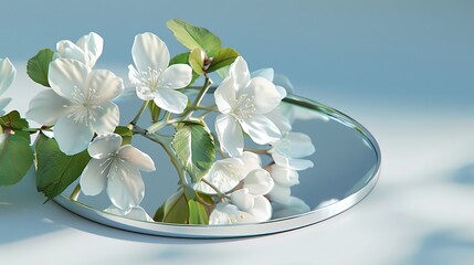 Poster - The reflection of a spring flower in a mirror on a black background in 3D.