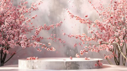 Poster - This is a stunning podium backdrop with a spring landscape scene of sakura cherry blossoms. 3D rendering of...